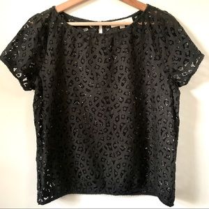 Anne Taylor LOFT Black Short Sleeve Eyelet Lace Blouse, Size M